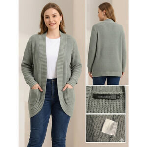 MEROKEETY Gray Green Waffle Knit Open Front Cardigan XL Pockets
